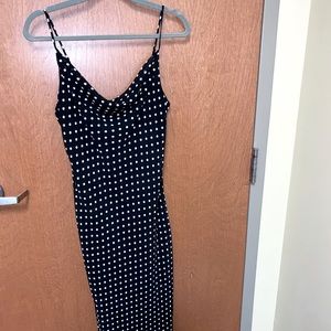 Cowl neck black and white spot midi dress